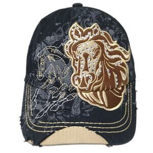 Horse Strapback Hat Black One Size Adjustable Rhinestone KB ETHOS